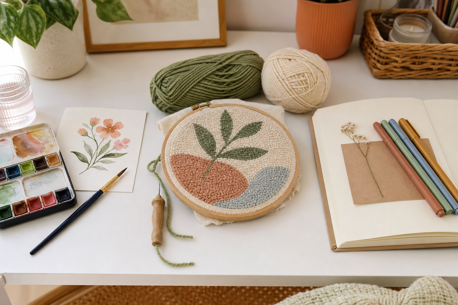 Beruhigende Kreativ-Hobbys fuer Erwachsene mit Aquarell, Punch Needle und Journaling