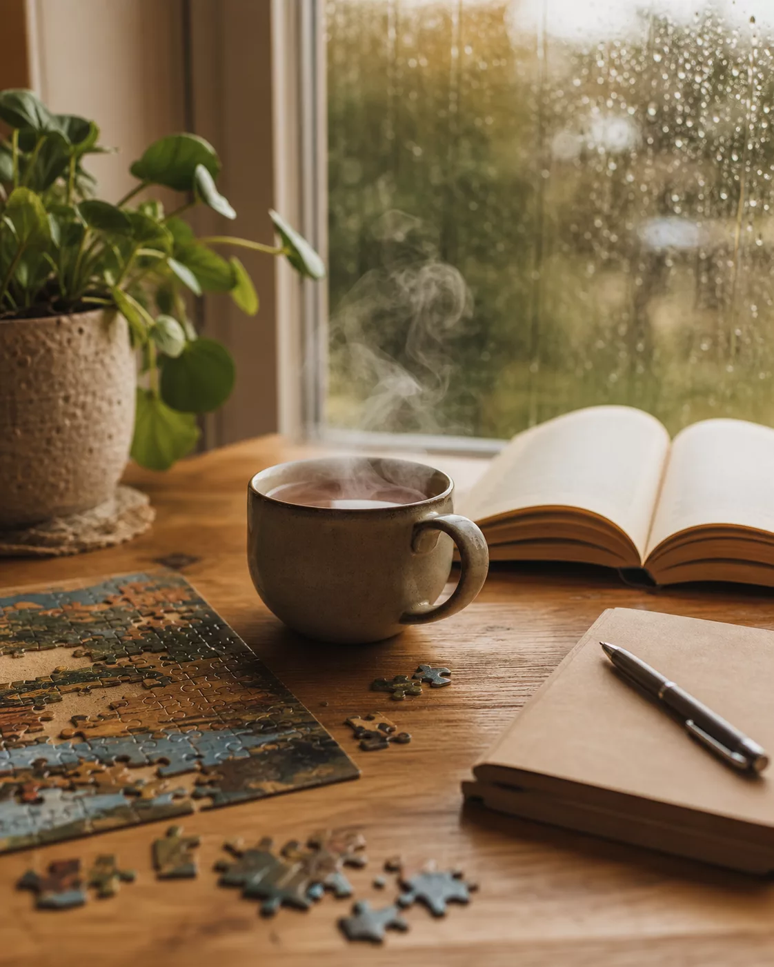 Hobbys für drinnen bei schlechtem Wetter: dampfende Tasse Tee, aufgeschlagenes Buch und ein angefangenes Puzzle auf einem Holztisch am Fenster, dahinter Zimmerpflanze und Regentropfen auf dem Fenster