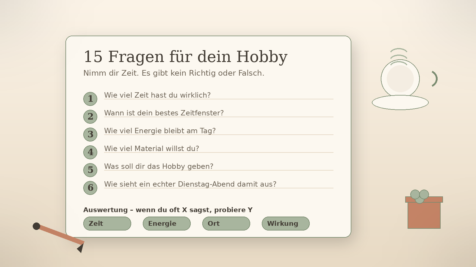 Fragebogen mit 15 Reflexionsfragen, um das passende Hobby zu finden