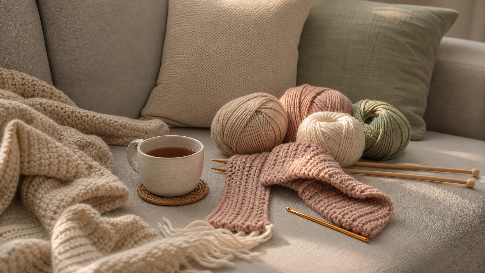 Wollknäuel, Stricknadeln und eine angefangene Häkelarbeit als ruhiges kreatives Hobby