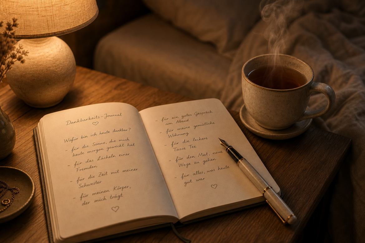 Offenes Dankbarkeitstagebuch auf dem Nachttisch mit Stift und warmer Tasse im Abendlicht