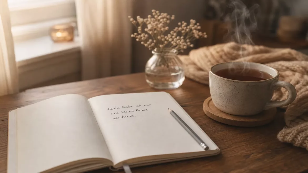 Hobbys mit wenig Zeit: Schreibzeug, Tee und ein kleines Notizbuch auf einem Holztisch
