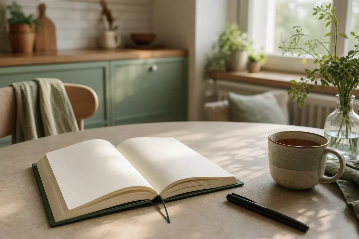 Offenes Journal mit Stift und Tasse auf einem Küchentisch im Morgenlicht
