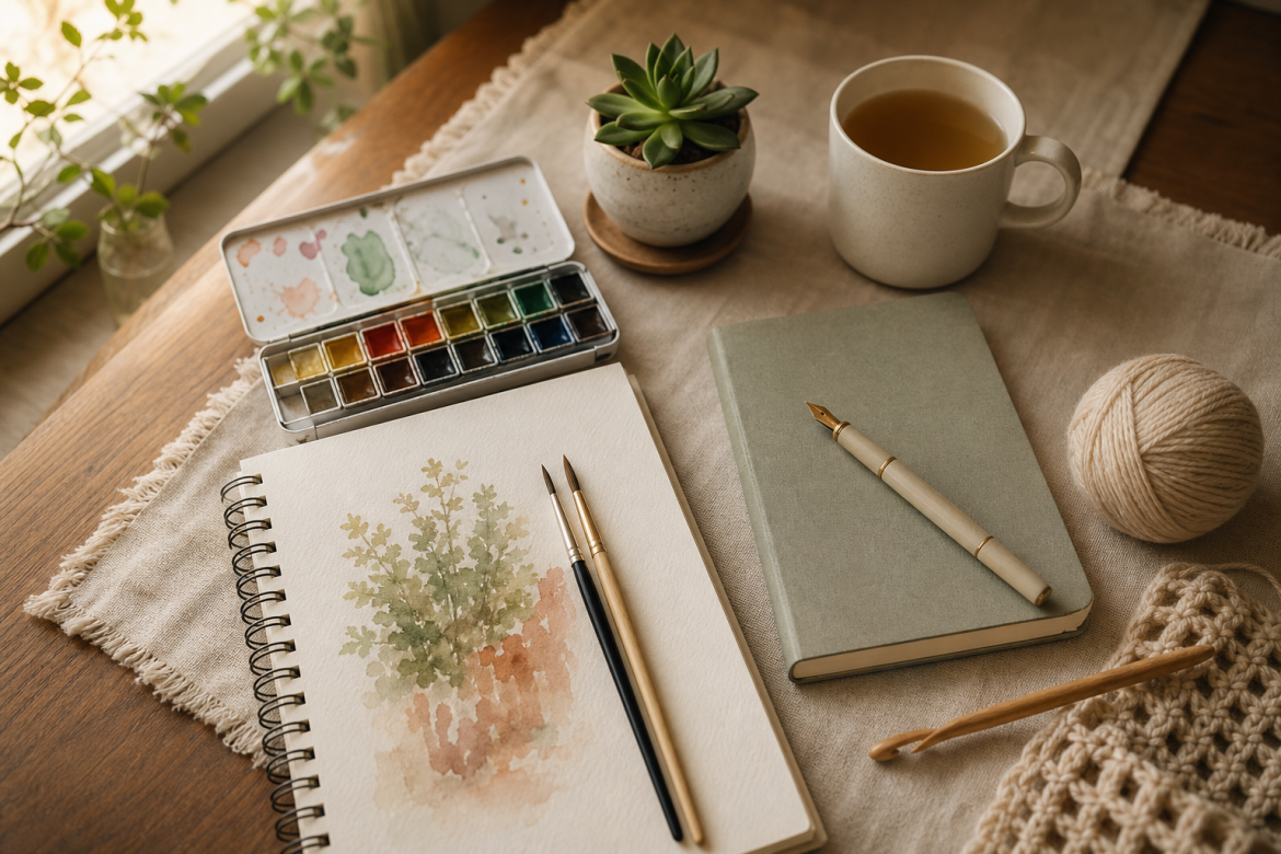 Tisch mit Aquarellkasten, Skizzenheft, Häkelnadel, Notizbuch, Füller, Tasse Tee und kleiner Sukkulente im warmen Morgenlicht