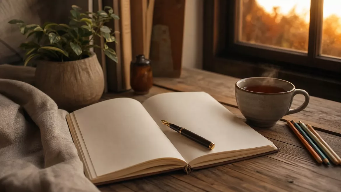 Offenes Notizbuch mit Füllfeder, Buntstiften und einer Tasse Tee auf einem Holztisch im Abendlicht