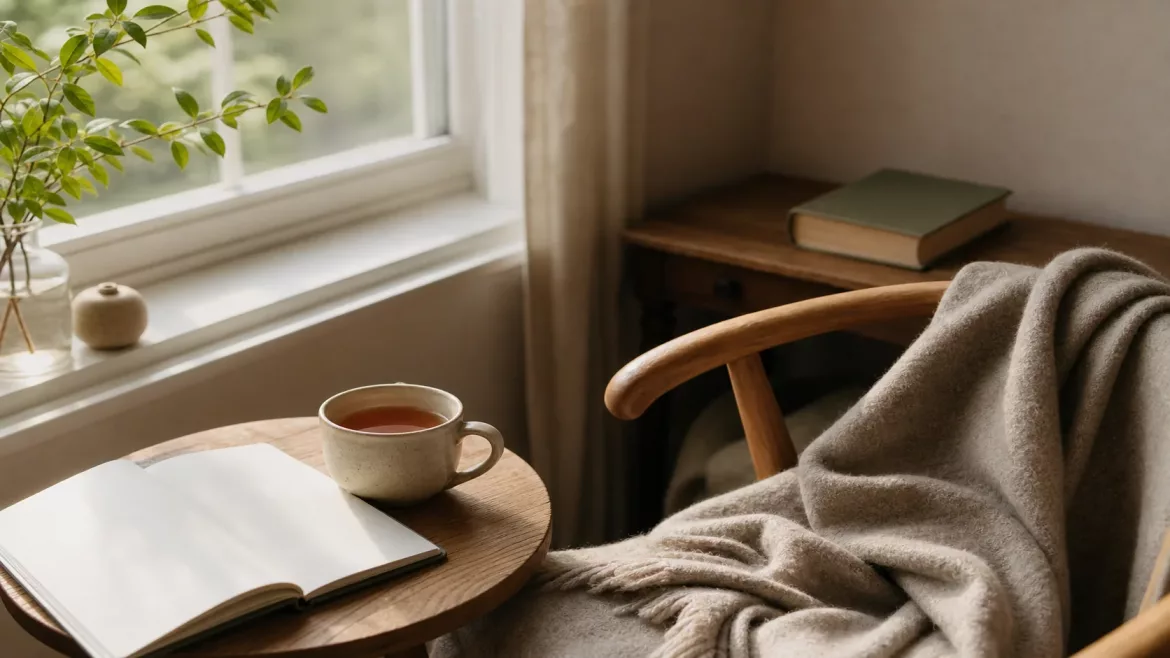 Ruhige Lese-Ecke am Fenster mit Tee, offenem Buch und einer weichen Decke auf einem Holzstuhl