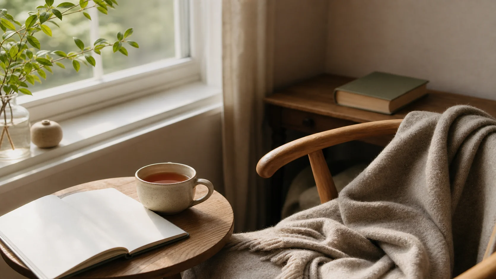 Ruhige Lese-Ecke am Fenster mit Tee, offenem Buch und einer weichen Decke auf einem Holzstuhl