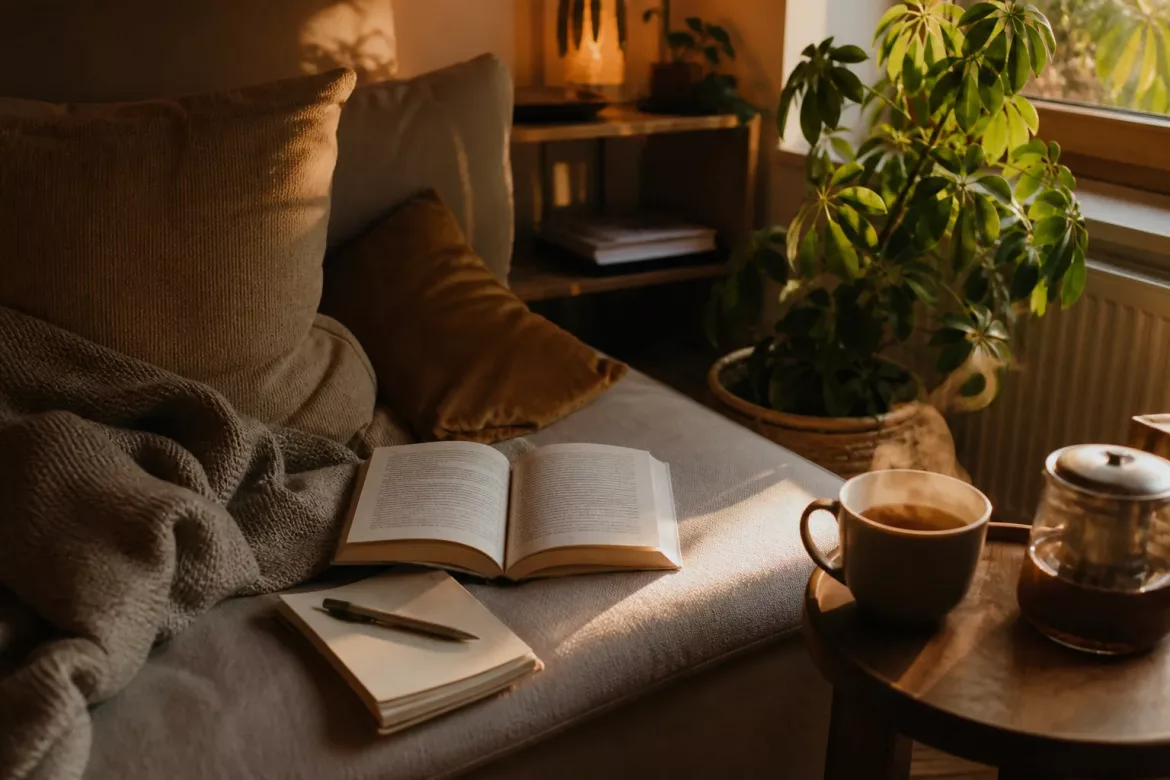 Ruhige Wohnung am Abend mit aufgeschlagenem Buch, Tee, Notizbuch und Pflanze im warmen Licht