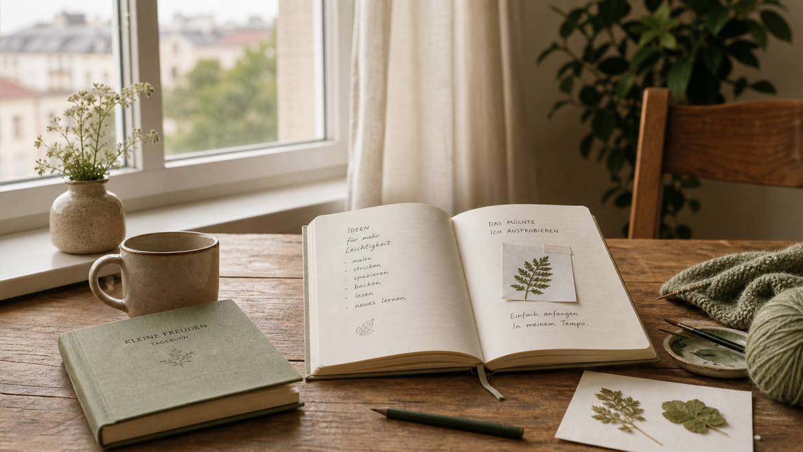 Ruhiger Schreibtisch mit Notizbuch, Buch und Hobby-Materialien im Fensterlicht
