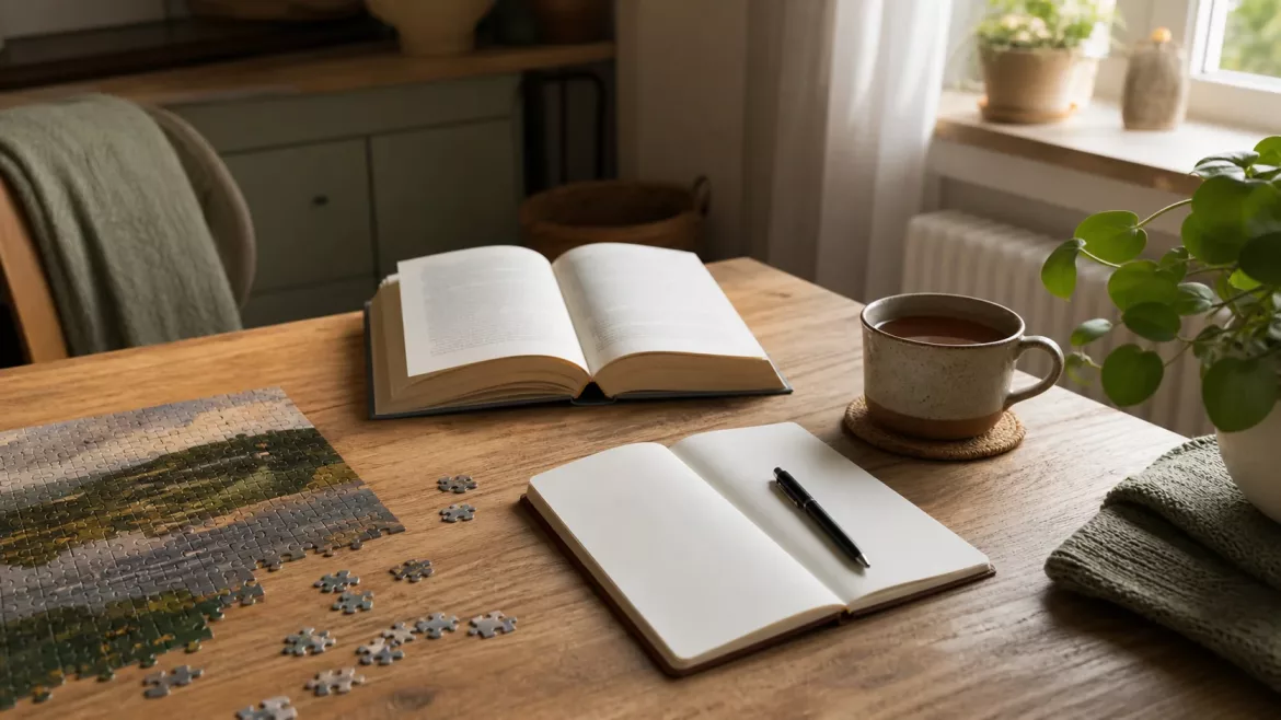 Ruhige Alleinzeit zuhause mit offenem Buch, Journal, Puzzle und einer Tasse Tee auf einem Holztisch