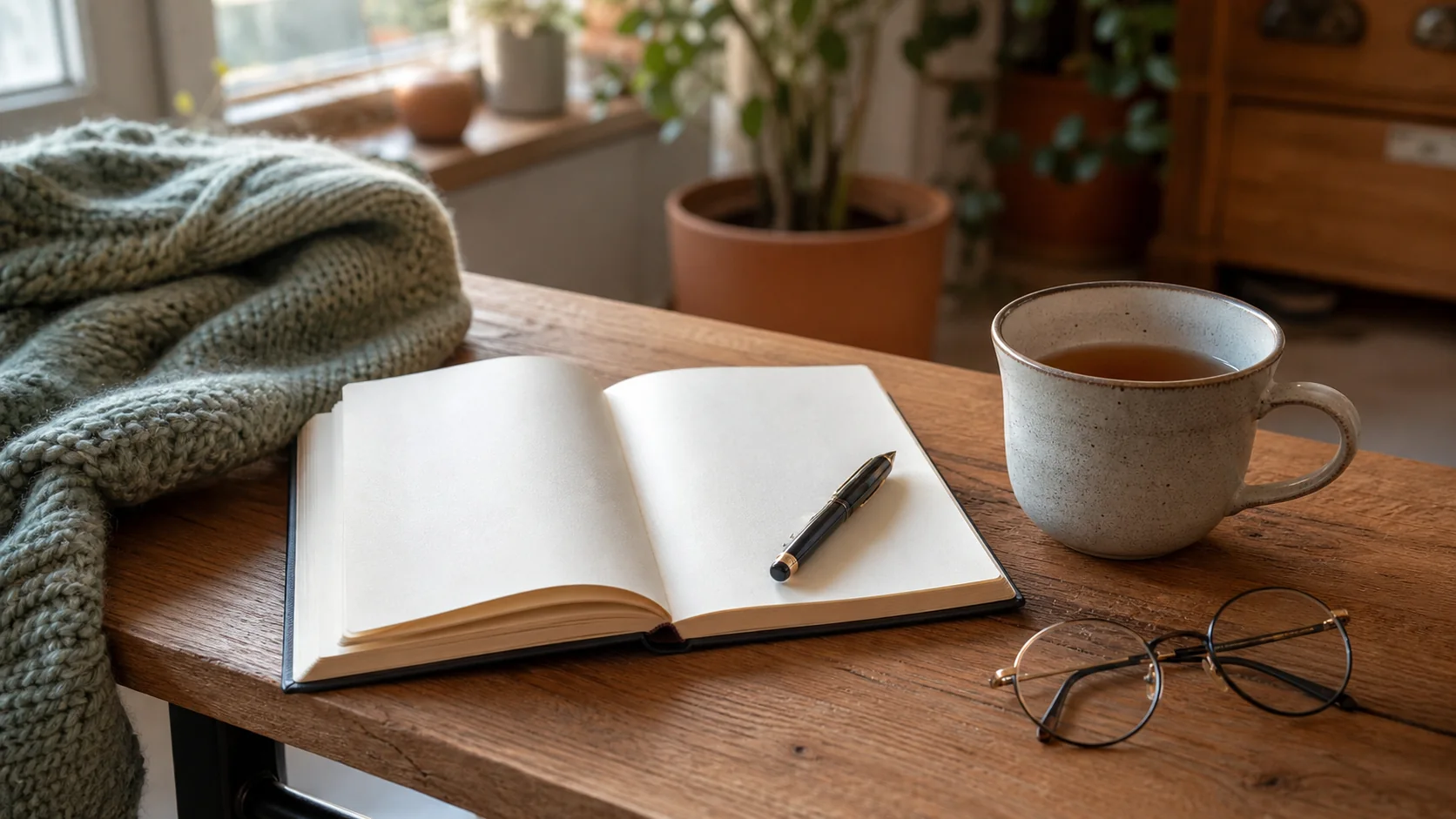 Offenes Journal mit Stift und Teetasse als ruhiges Hobby für Alleinzeit zuhause