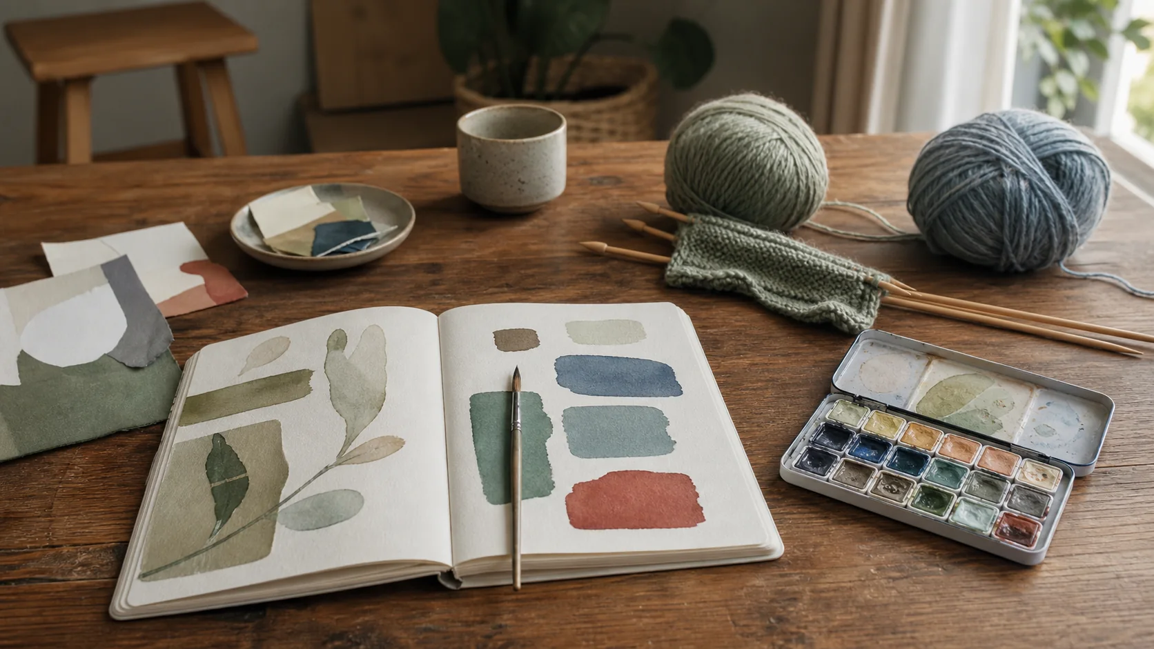 Aquarellfarben, Skizzenbuch und Garn für kreative Hobbys alleine zuhause