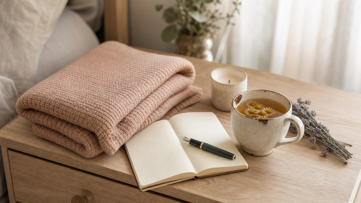 Ruhige Stillleben-Szene auf einem hellen Nachttisch: aufgeschlagenes Notizbuch mit Fuellfederhalter, Tasse Kamillentee, gefaltete Wolldecke, kleine Kerze und Lavendelzweig - sanfte Hobbys bei mentaler Erschöpfung