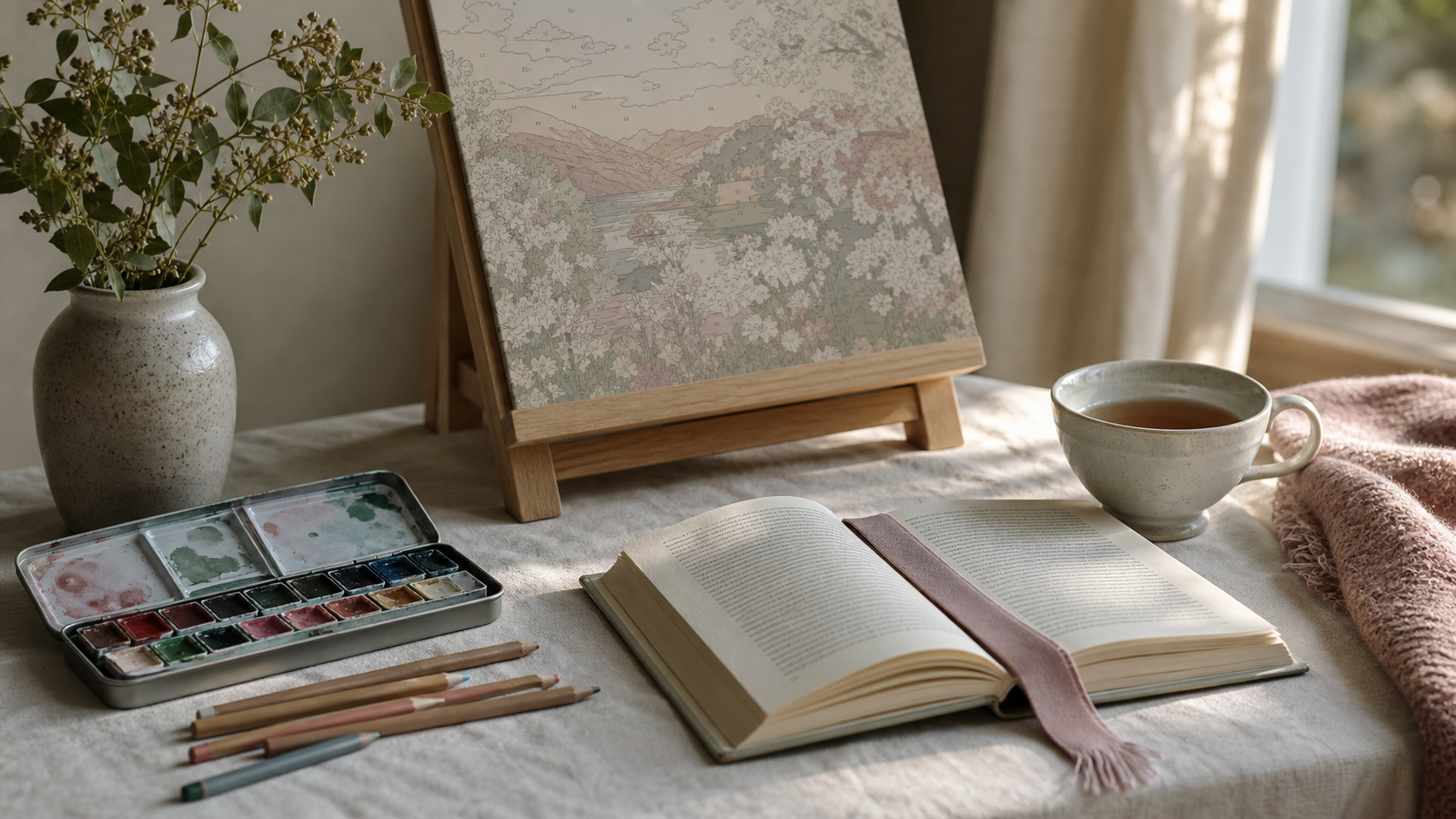 Leise kreative Stillleben-Szene: angefangenes Malen-nach-Zahlen-Bild auf Holzstaffelei, Aquarellkasten, Buntstifte, aufgeschlagenes Buch mit Lesebändchen und Tasse Tee – sanftes Hobby bei mentaler Erschöpfung