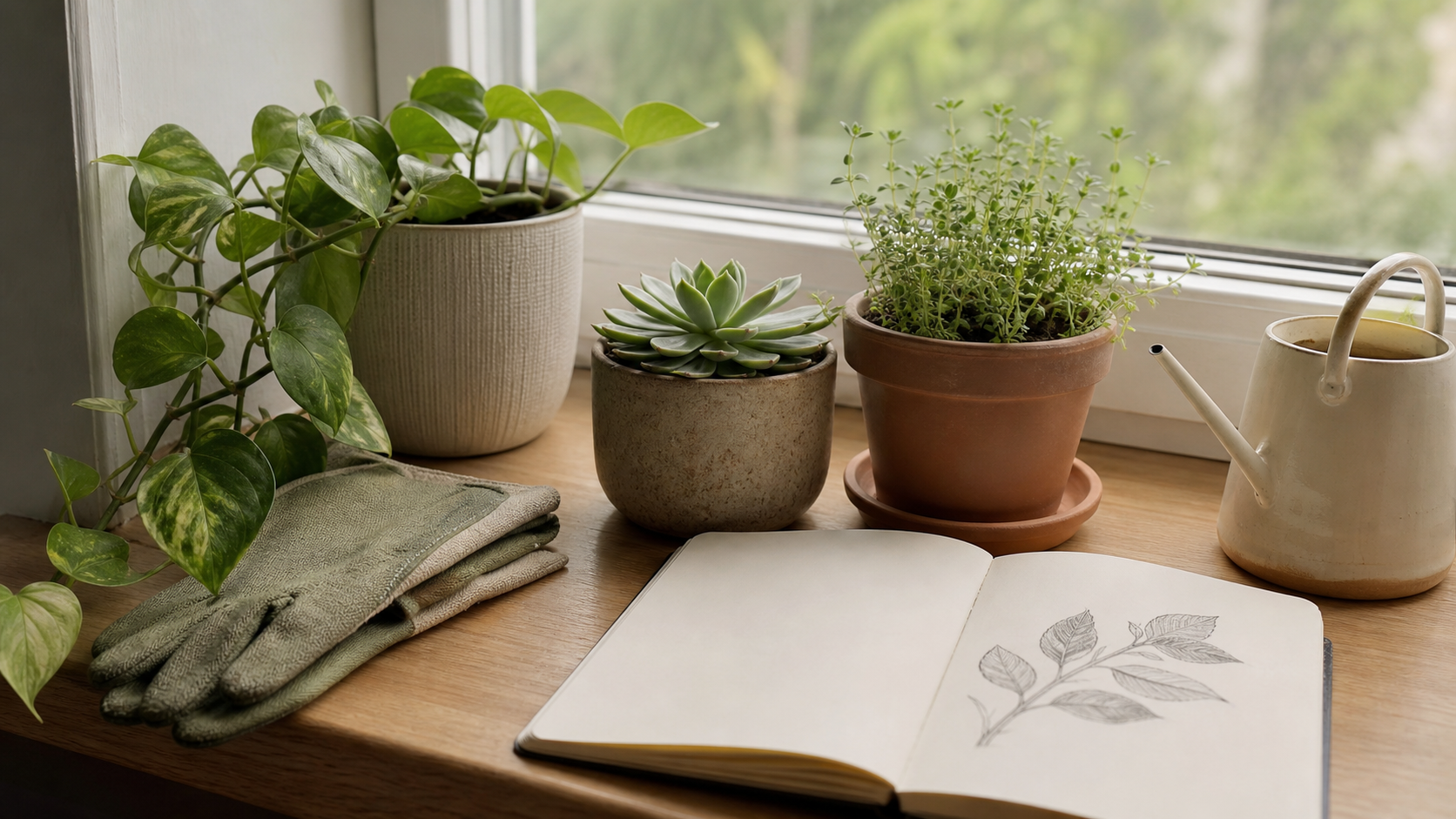 Helle Fensterbank mit kleinen Topfpflanzen, gefalteten Gartenhandschuhen, einer kleinen Gießkanne und einem aufgeschlagenen Skizzenbuch mit Blattzeichnung – ruhiges Hobby bei mentaler Erschöpfung