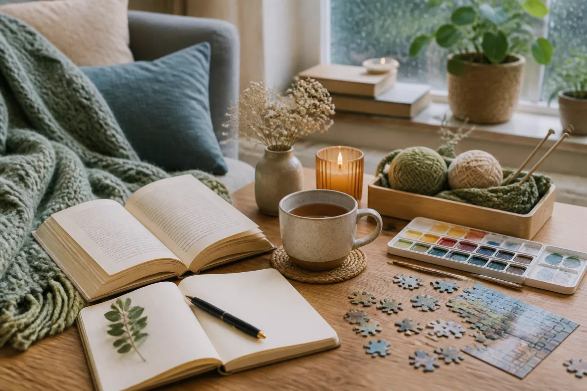 Hobbys fuer drinnen mit Buch Journal Aquarellfarben Puzzle Garn und Tee zuhause