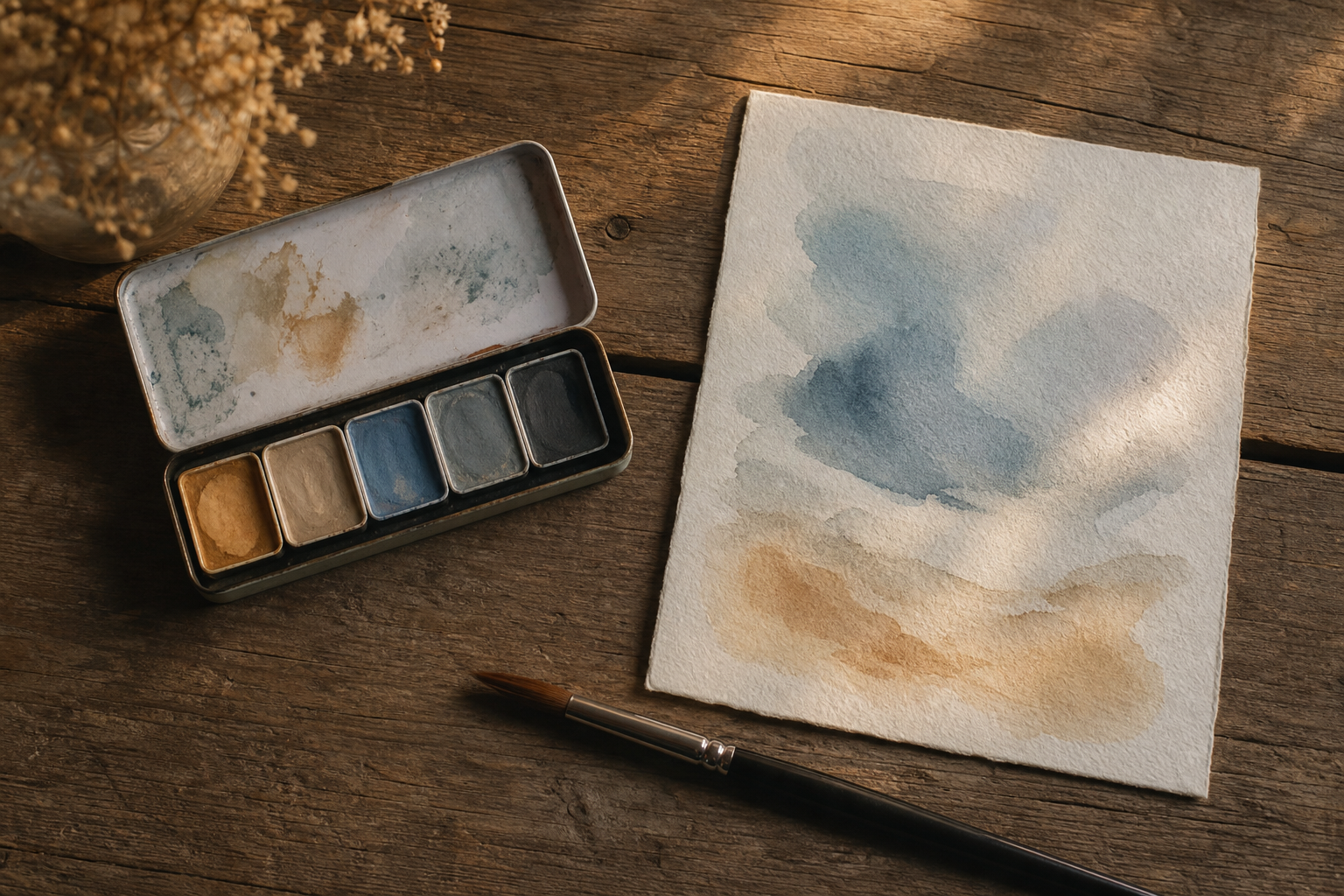 Aquarellfarben, weiches Papier und ein angefangenes Wash-Bild auf einem Holztisch als ruhiges Abend-Hobby
