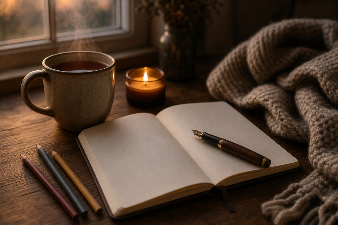 Glas Tee, offenes Journal, kleine Kerze und ein paar Stifte auf einem Holztisch – ruhige Hobbys für den Abend