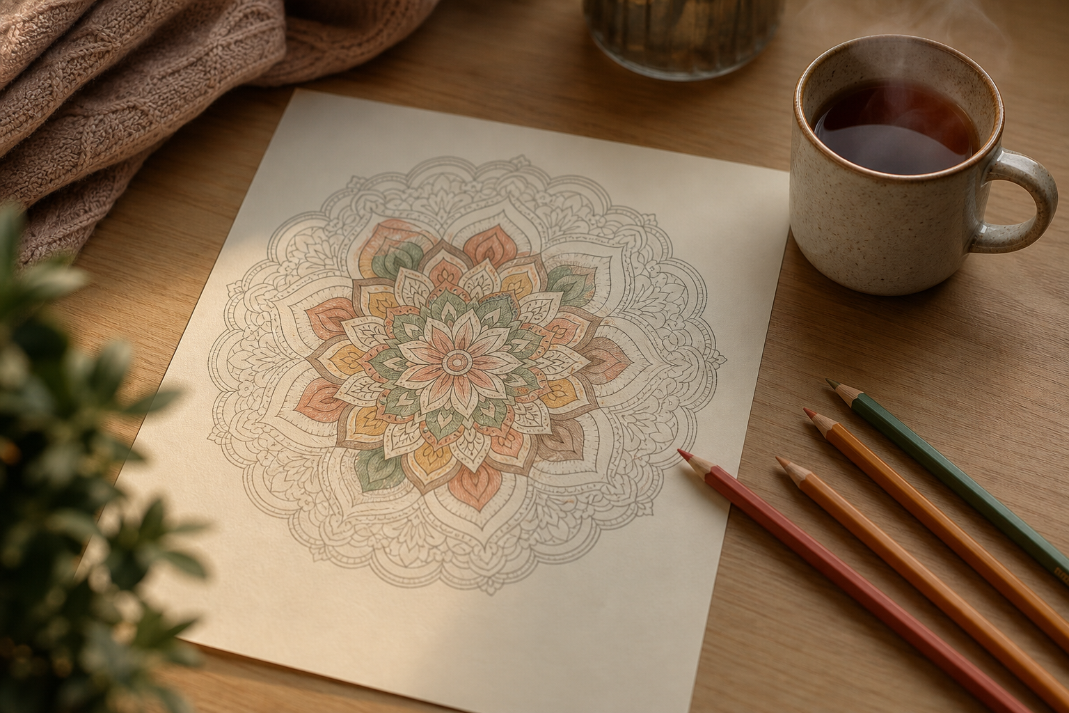 Halb ausgemaltes Mandala, Buntstifte und Tee auf einem Schreibtisch als ruhiges Hobby am Abend
