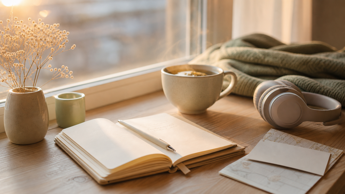 Hobbys für Pendler: Notizbuch, Stift, Tee und Kopfhörer auf einem Holztisch am Fenster