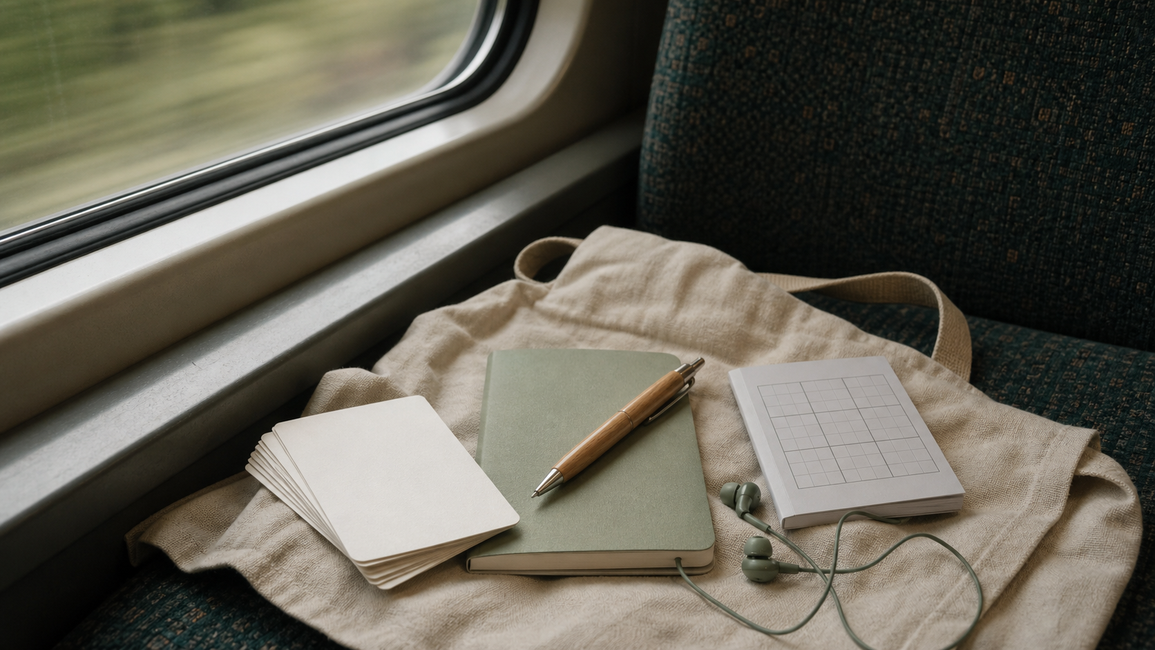 Pocket-Mikro-Hobby-Set für Pendler: Notizbuch, Stift, Karten, Rätsel und Ohrhörer auf einer Stofftasche im Zug