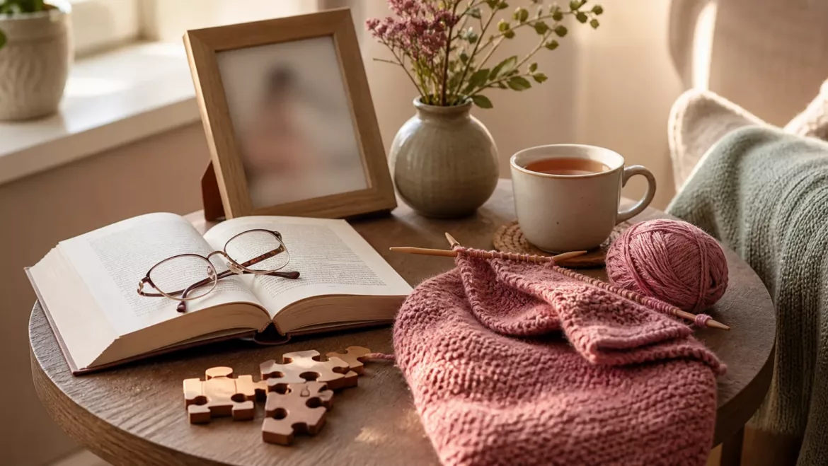 Gemütlicher Wohnzimmertisch mit aufgeschlagenem Buch, Strickzeug, einer Tasse Tee und Puzzle-Teilen – ruhige Hobbys für Senioren zuhause
