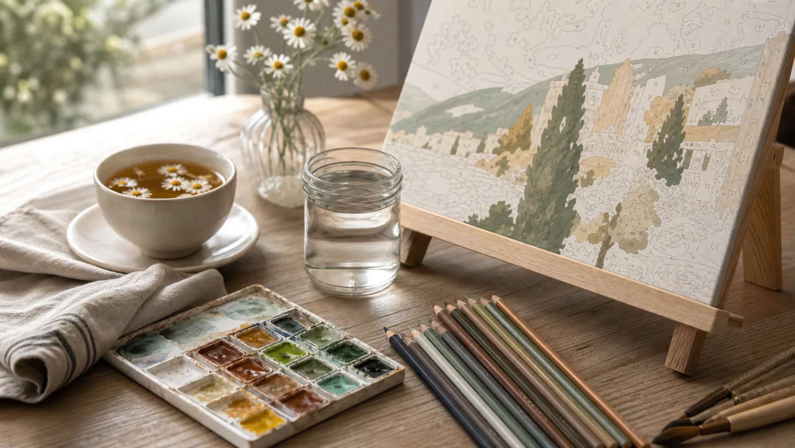 Aquarellfarben, ein angefangenes Malen-nach-Zahlen-Bild auf einem Holzrahmen, Buntstifte und eine Tasse Tee als kreatives Hobby für Senioren