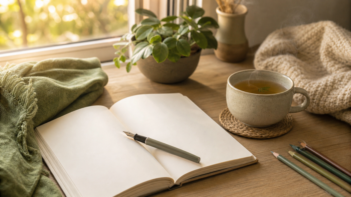 Ruhige Hobbys gegen Stress mit Journal, Tee und Stiften auf einem gemütlichen Holztisch im Fensterlicht