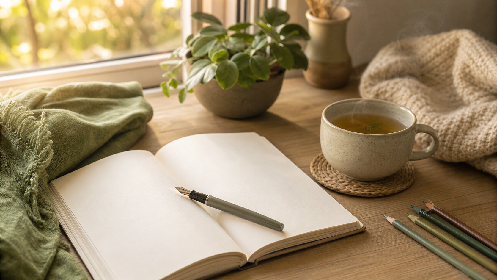 Ruhige Hobbys gegen Stress mit Journal, Tee und Stiften auf einem gemütlichen Tisch