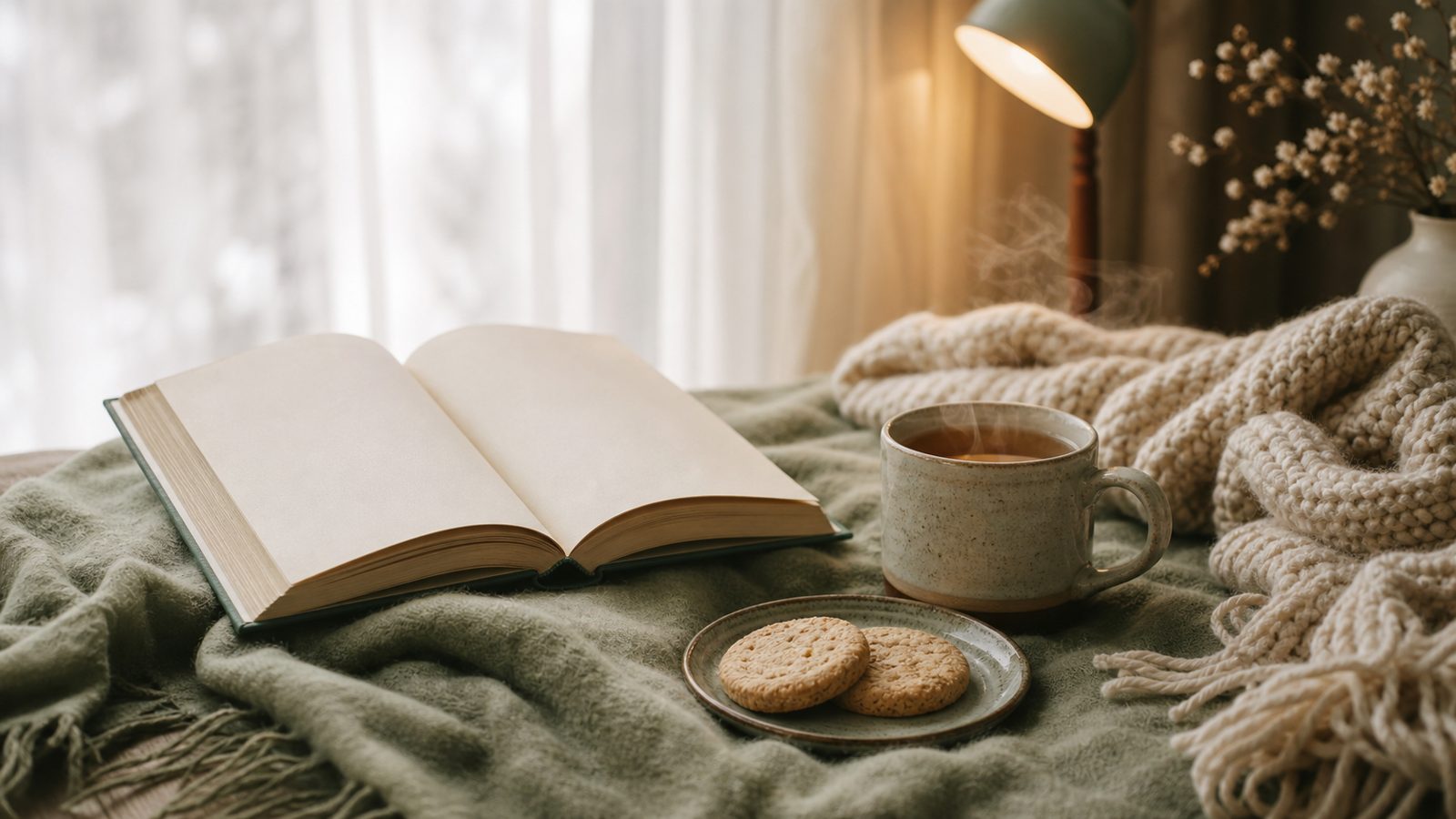 Malen-nach-Zahlen-Leinwand mit Wintermotiv auf Staffelei, Farbtöpfen, Tee und Notizbuch