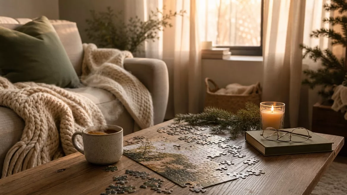 Gemütlicher Sonntagvormittag: Puzzle, dampfender Tee, offenes Buch und Kerze auf einem Holztisch vor einem Sofa mit Decke