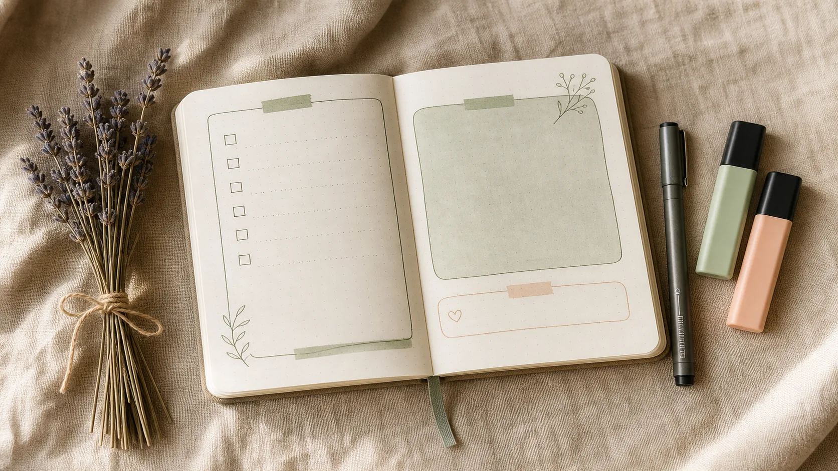 Bullet-Journal aufgeschlagen auf einer morgendlichen Planungsseite, feine Stifte daneben