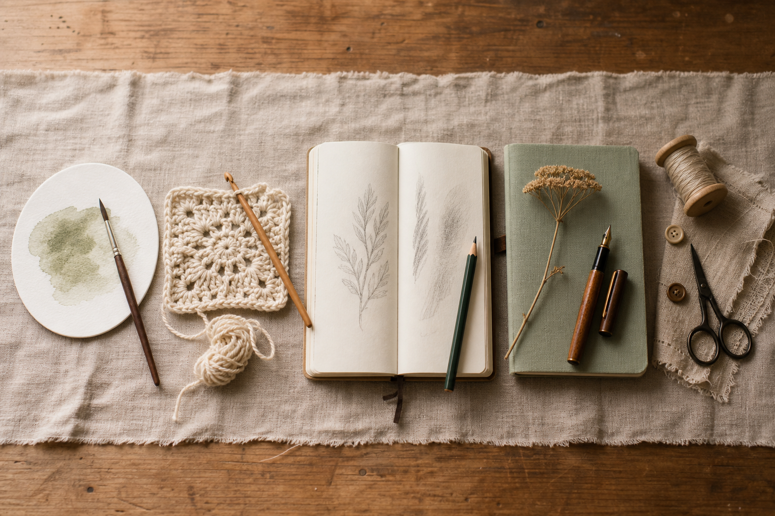 Flatlay mit fünf kleinen kreativen Stationen nebeneinander: Aquarell, Häkelarbeit, Skizzenheft, Journaling und Nähen
