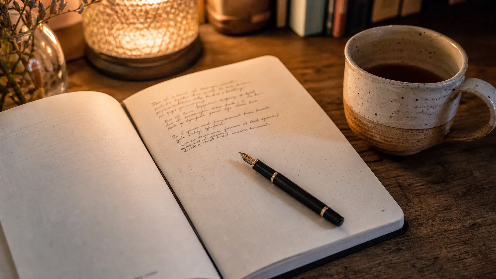 Offenes Notizbuch auf einem Couchtisch, daneben eine Tasse Tee, abendliches Licht