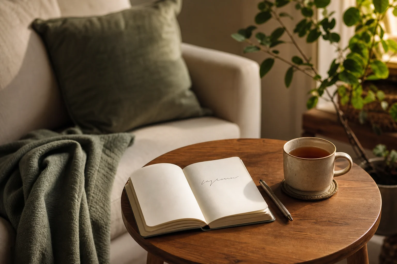 Offenes Notizbuch auf einem Couchtisch, kleiner handschriftlicher Eintrag, daneben eine Tasse, warmes Abendlicht