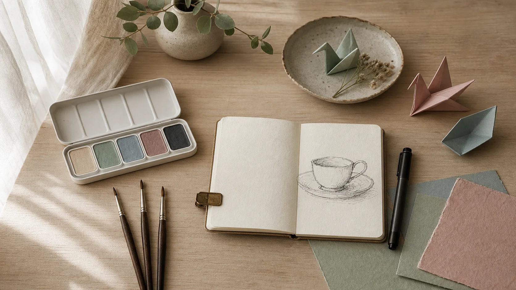 Aquarellkasten, Pinsel, Skizzenbuch mit Tassenzeichnung und Origami aus leisen Farben auf einem Holztisch