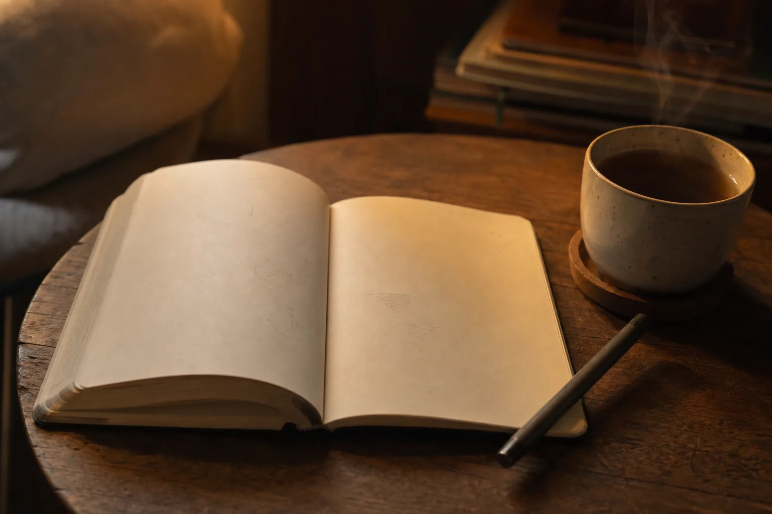 Offenes Notizbuch auf einem Couchtisch, daneben eine Tasse Tee und ein weicher Stift, warmes Abendlicht