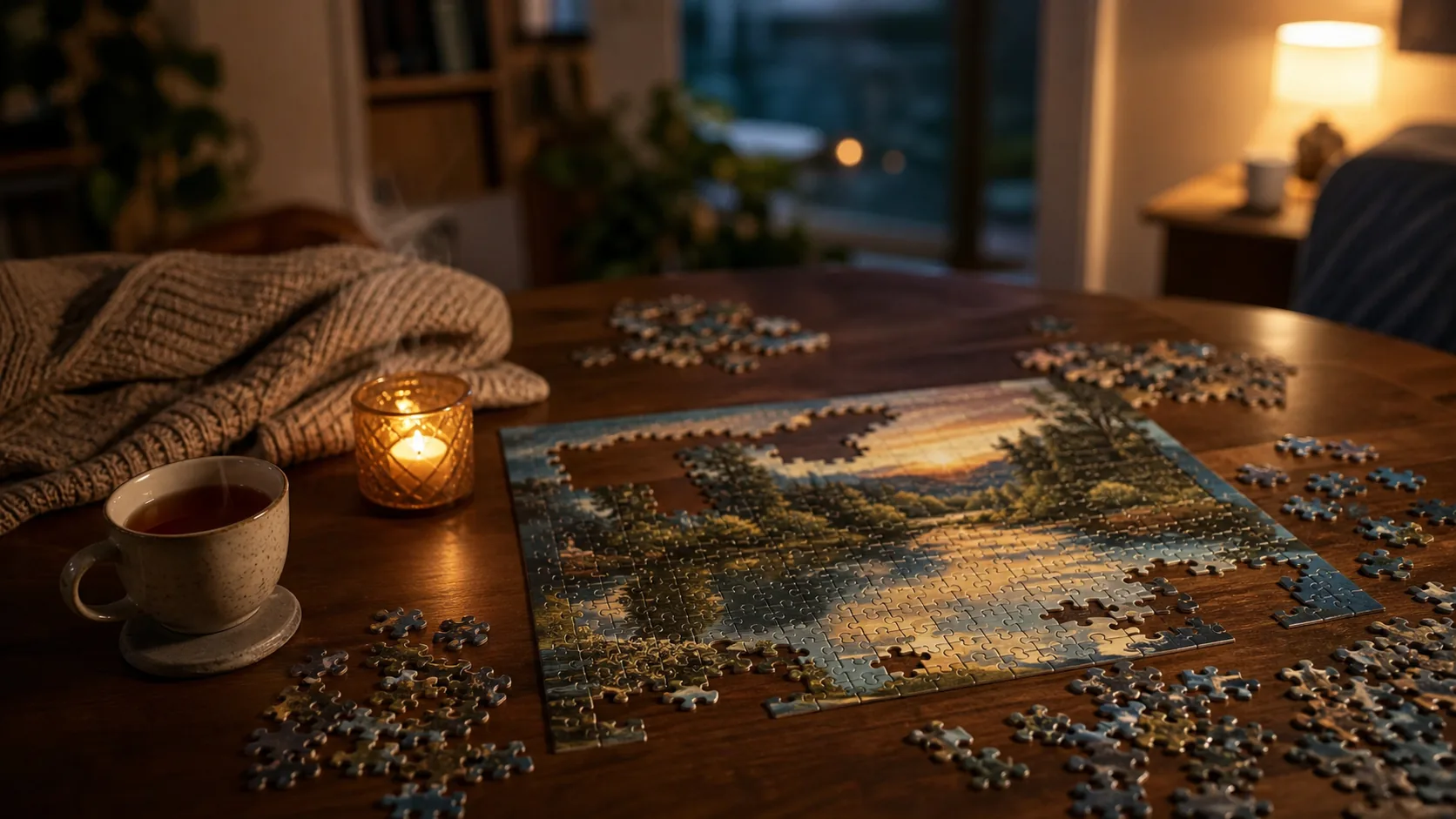 Angefangenes Puzzle auf einem Holztisch, warmes Licht, eine Tasse Tee daneben