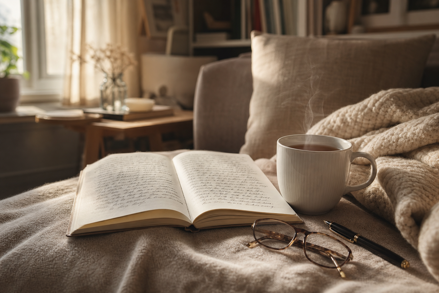 Offenes Notizbuch auf einer Decke mit Füller, Tasse Tee und Lesebrille im warmen Abendlicht
