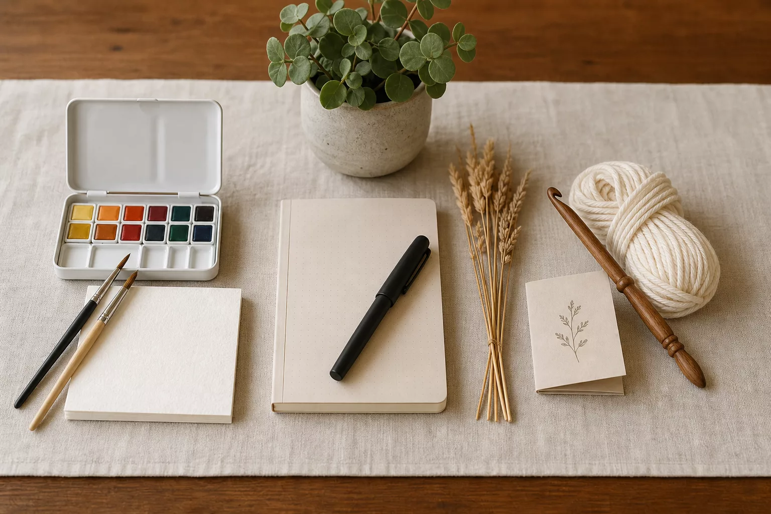 Drei kleine kreative Starter-Sets nebeneinander: Mini-Aquarell, Journaling-Notizbuch mit Füller und Häkelset mit Wollknäuel