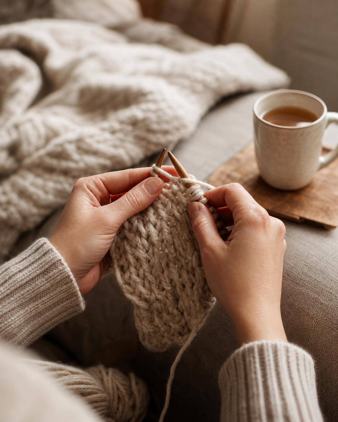 Hände mit Stricknadeln und naturfarbenem Garn auf einem Sofa, im Hintergrund eine kuschelige Decke und eine Tasse Tee