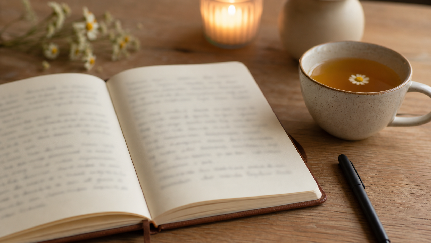 Offenes Journal mit Stift als ruhiges Hobby zum Stressabbau