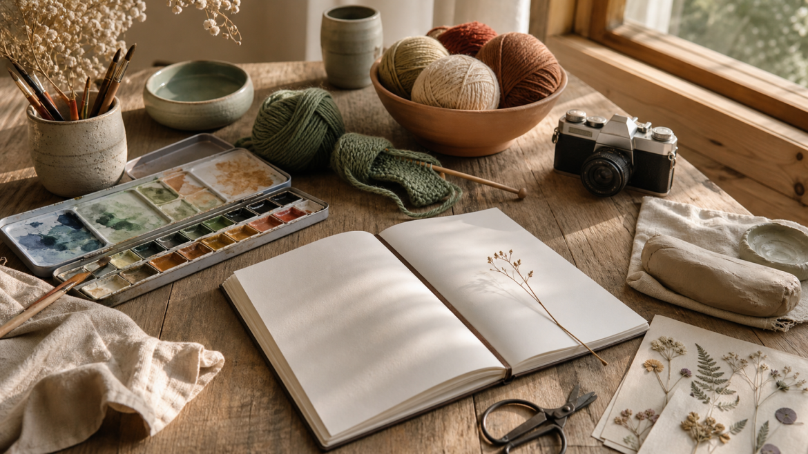 Kreative Hobbys für Erwachsene mit Aquarellfarben, Skizzenbuch, Wolle, Kamera und gepressten Blumen auf einem Holztisch