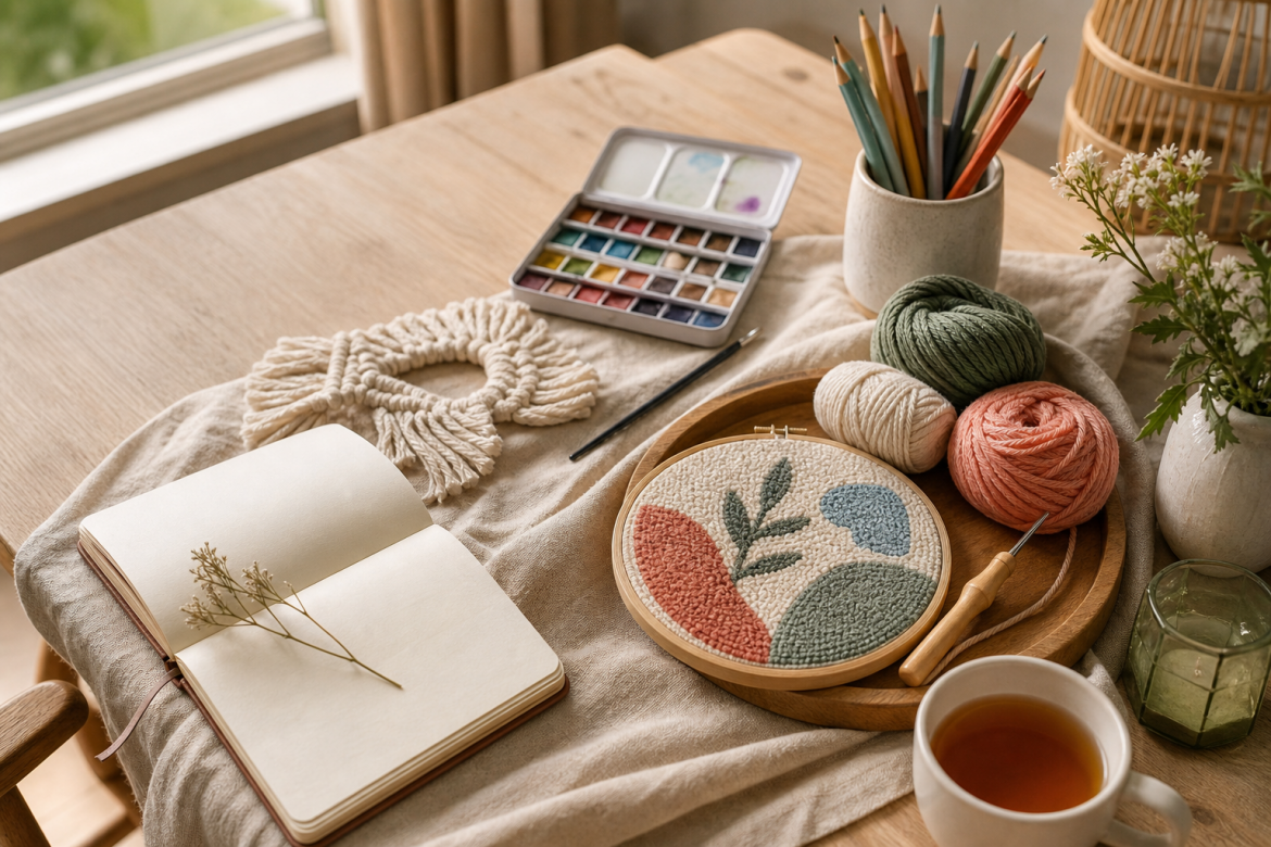 Kreative Hobbys fuer Erwachsene als ruhige Auszeit mit Aquarellfarben, Garn, Journal und Tee