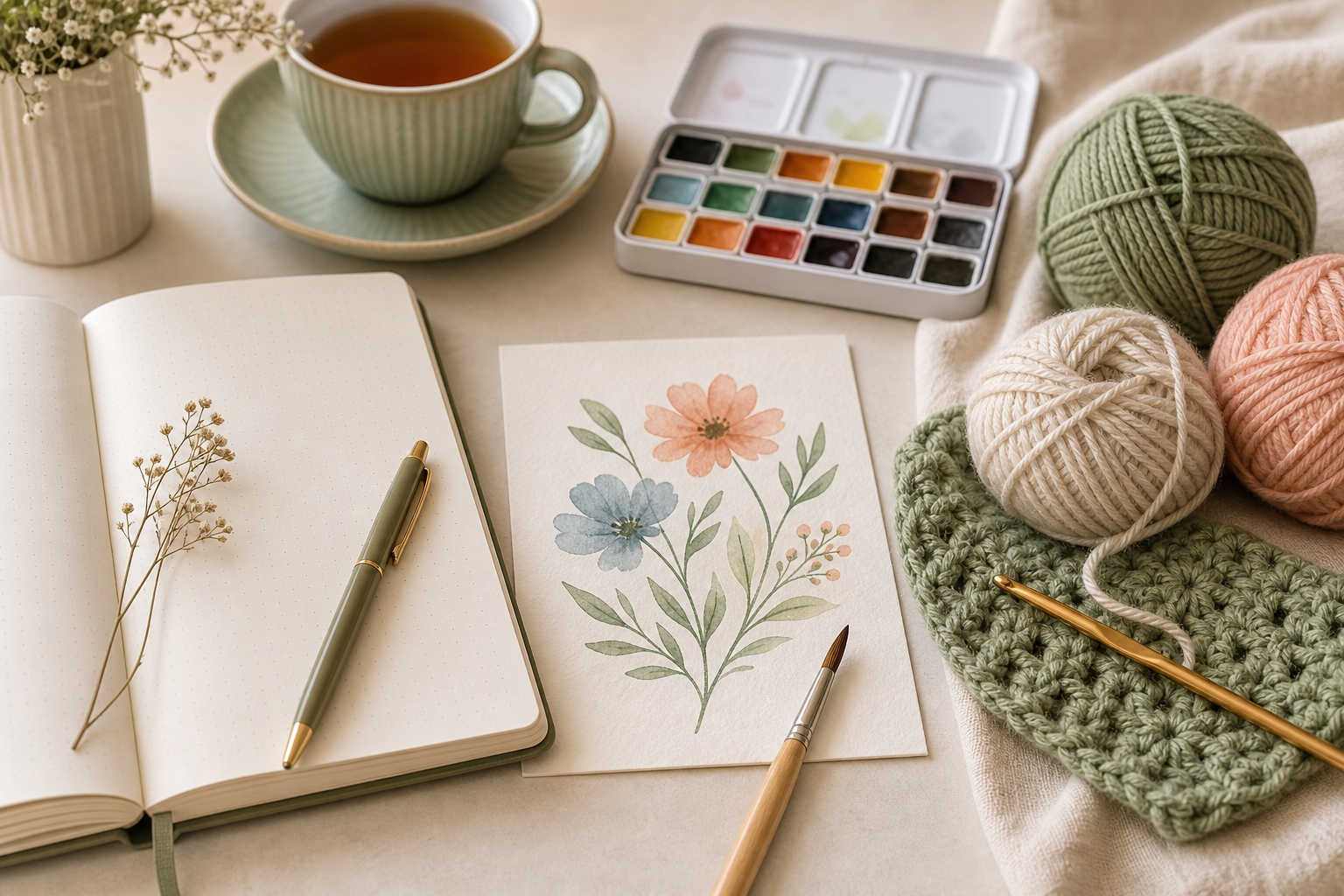 Kreative Hobbys zur Entspannung mit Journal, Aquarellkarte, Wolle, Häkelnadel und Tee