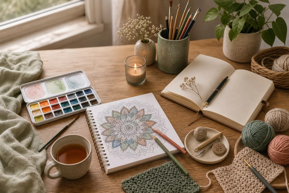 Kreative Hobbys zur Stressbewaeltigung mit Aquarellfarben, Journal, Wolle, Mandala und Tee