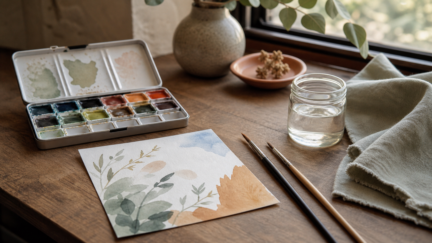 Kompakter Aquarellkasten mit zwei Pinseln, Postkarten-großem Aquarellbild und Wasserglas auf einem Schreibtisch am Fenster
