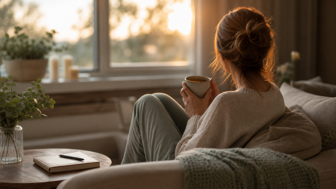 Frau von hinten auf dem Sofa mit Tasse Tee und aufgeschlagenem Journal am Fenster im warmen Abendlicht