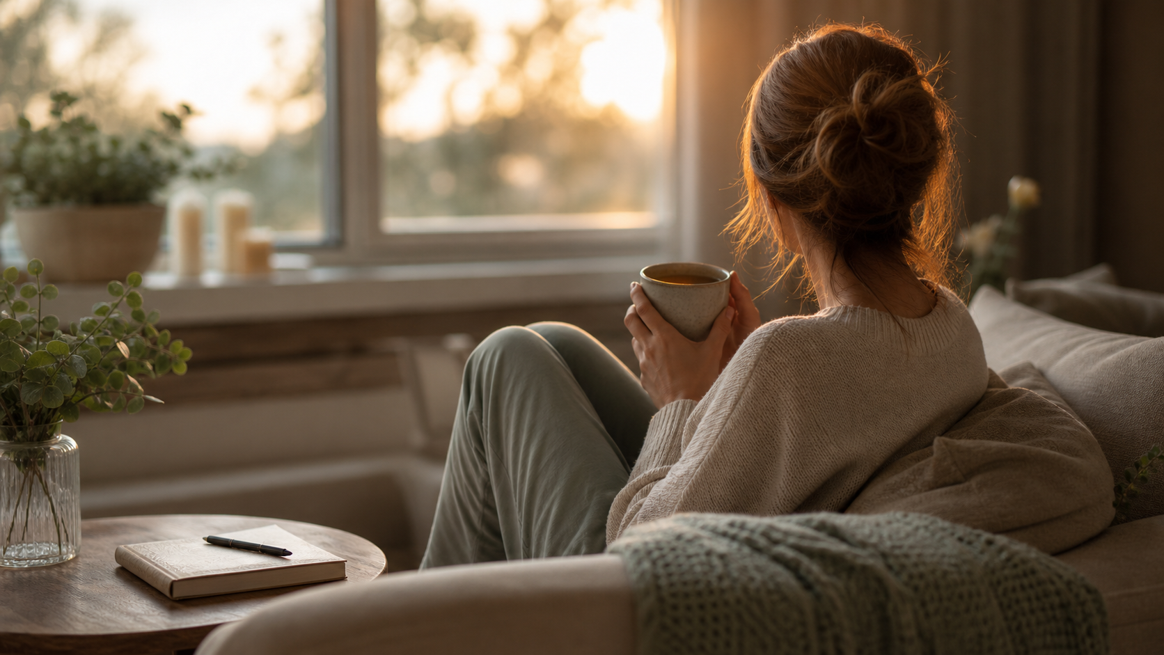 Frau von hinten auf dem Sofa mit Tasse Tee und aufgeschlagenem Journal am Fenster im warmen Abendlicht