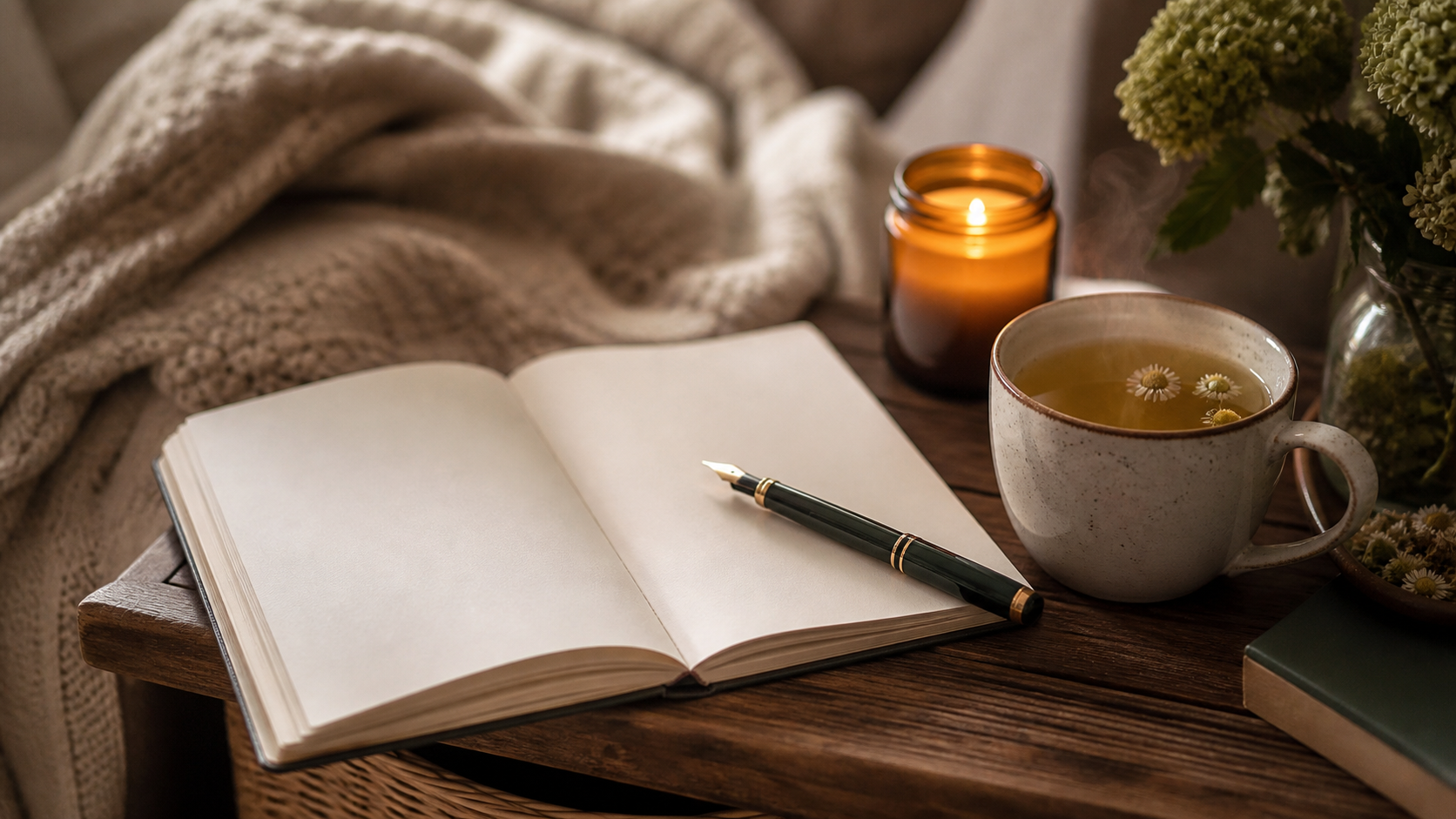Offenes leeres Journal mit Füller auf einem Holztisch, daneben Kerze und Tee